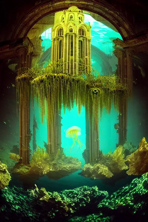 Image similar to high quality photo of cinematic underwater dystopian neo - gothic cathedral ruins with giant luminescent colorful aquatic plants and jellyfish, digital art masterpiece, aykut aydogdu eric zener, dramatic volumetric light, long shot, low angle uhd 8 k, sharp focus