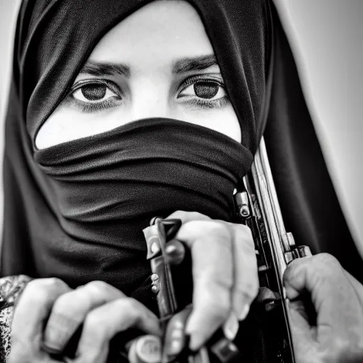 Prompt: 8 k uhd black and white portrait from burqa woman carrying a riffle's, 8 k uhd character details, national geography winning photo contest