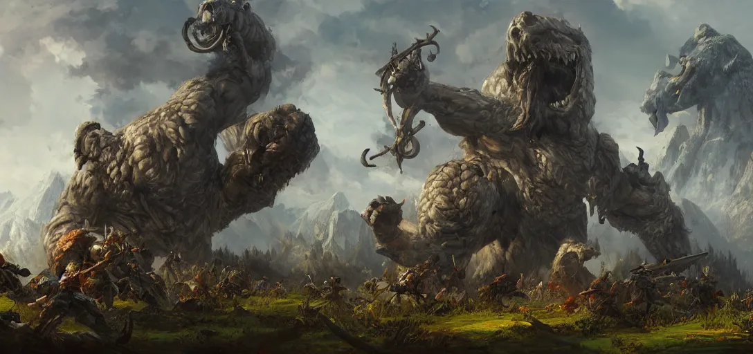 Image similar to fantasy environment giants fighting in war by eugene von guerard, ivan shishkin, concept art, trending on artstation