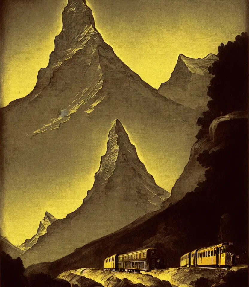 Image similar to an achingly beautiful print of a train in front of the matterhorn by raphael and goya. detailed, golden ratio, romantic, enchanting, trending on artstation