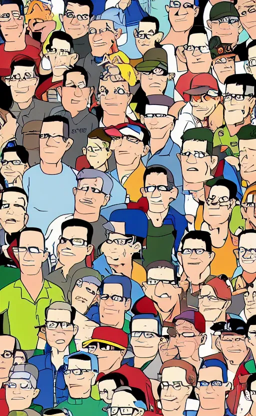 Image similar to hank hill in the style of'where's waldo'book