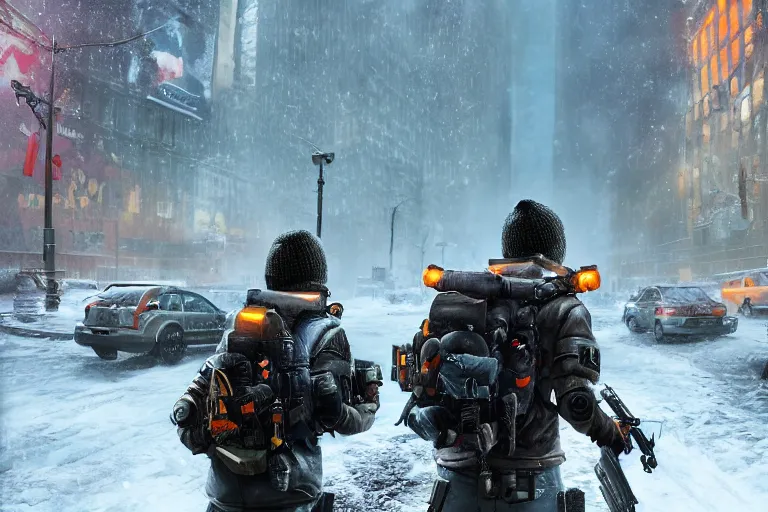 Prompt: agents from (Tom Clancy's The Division) running through snowy new york, high detail, digital art, trending on artstation, by Tom Garden