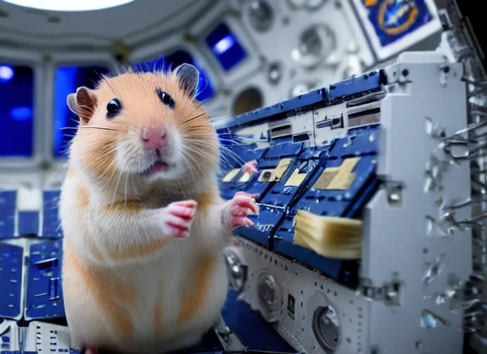 Image similar to film still of a hamster working for mission control at nasa, 8 k