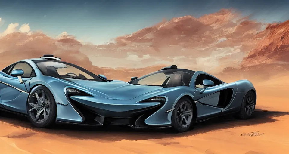 Image similar to mclaren in desert highway, digital art,ultra realistic,ultra detailed, ultra wide Lens, art by greg rutkowski