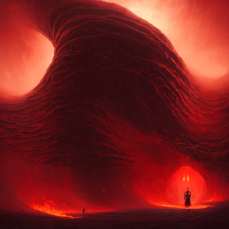 Prompt: one lone singular swirling otherworldly demonic figure shrouded in red robes emerges from extensive barren charcoal dunescape, flames, matte painting by peter mohrbacher and filip hodas, background colosseum!, godrays, high contrast, highly detailed