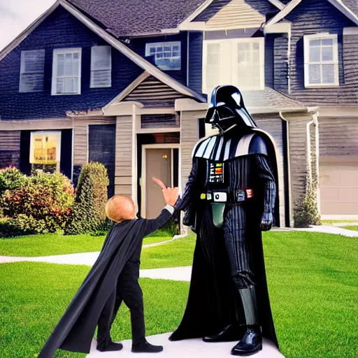 Image similar to Darth Vader buying a house, photo realistic, award-winning, highly-detailed