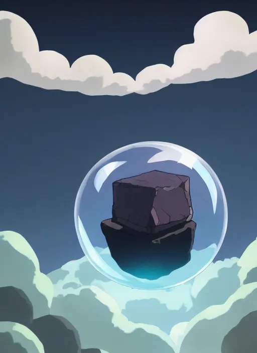 Prompt: an asymmetrical cell - shaded studio ghibli concept art study of a dark cube inside a transparent bubble in the sky. wide shot, very dull colors, hd, 4 k, hq