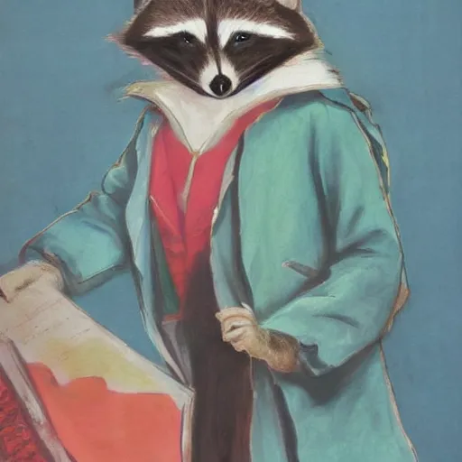 Image similar to a gentleman raccoon wearing a tophap and a kaneda jacket, portrait, painting, detailed, artwork by Hyacinthe Rigaud