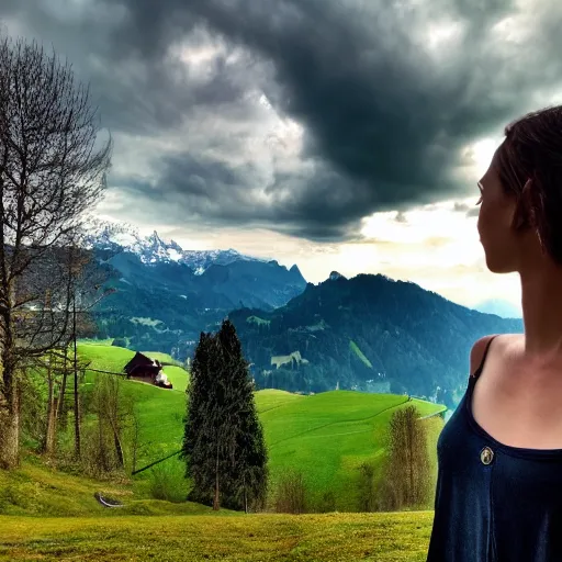 Image similar to a beautiful photograph of a girl with switzerland landscape in the background with trees, hdr, 8 k, high quality, sharp focus, artstation, highly detailed, award - winning, dramatic lighting, beautiful clouds, and nature