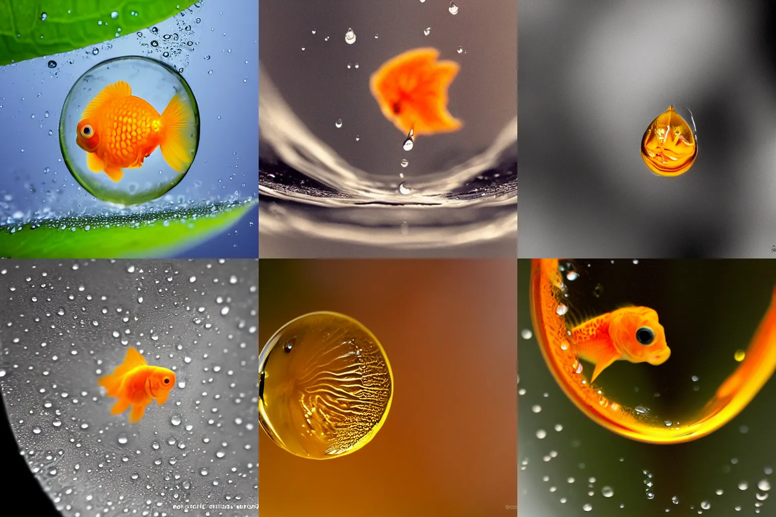 Prompt: extreme macro photography : ( subject = a single water droplet of water on a leaf + subject detail = goldfish encased inside of a water droplet )