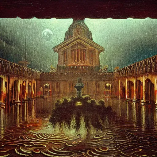 Image similar to Miltonian disasterpiece cult rain mesmerizing inner sanctum of the most venerable and beautiful truth, in the style of Jeff Easley, Grant Wood, Ken Kelly, Élisabeth Vigée Le Brun, dramatic lighting, establishing shot, detailed and realistic faces, 8k resolution – W 1024