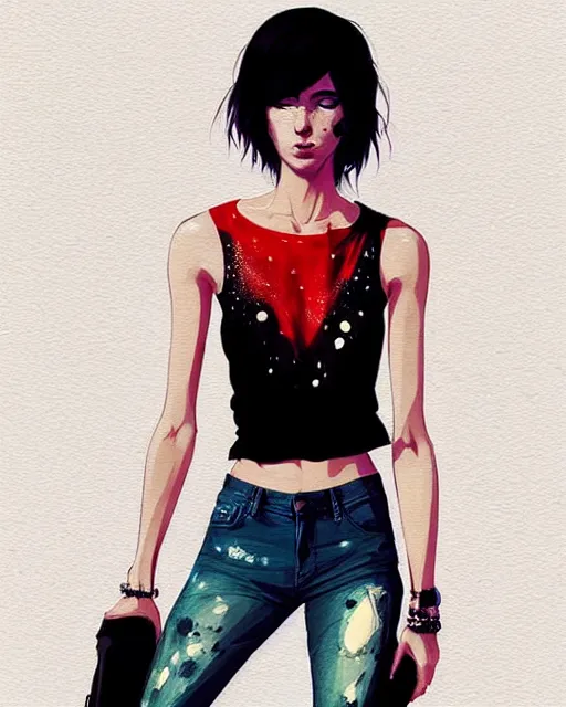 Prompt: a ultradetailed beautiful full body painting of a stylish woman with short hair, she is wearing a black tank top and jeans, by conrad roset, greg rutkowski and makoto shinkai trending on artstation