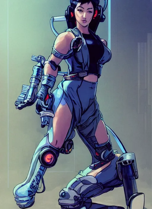 Image similar to chun li. cyberpunk mercenary in tactical harness and jumpsuit. spin kick. portrait by stonehouse and mœbius and will eisner and gil elvgren and pixar. realistic proportions. dystopian. cyberpunk 2 0 7 7, apex, blade runner 2 0 4 9 concept art. cel shading. attractive face. thick lines.