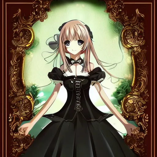 Image similar to beautiful illustration of anime maid, stunning and rich detail, pretty face and eyes. Gothic style, clear and perfect anatomy. Full-body shot from the side