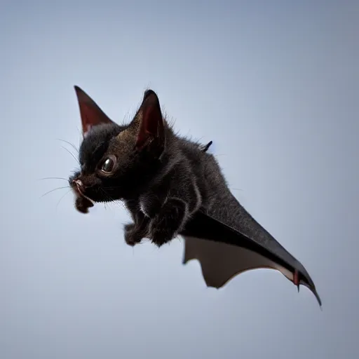 Image similar to a bat kitten flying, Canon EOS R3, telephoto, very detailed, 4k