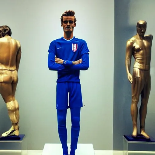 Image similar to “ a realistic detailed photo of a guy who is an attractive humanoid who is half robot and half humanoid, who is a male android, soccer player antoine griezmann, shiny skin, posing like a statue, blank stare, at the museum, on display ”