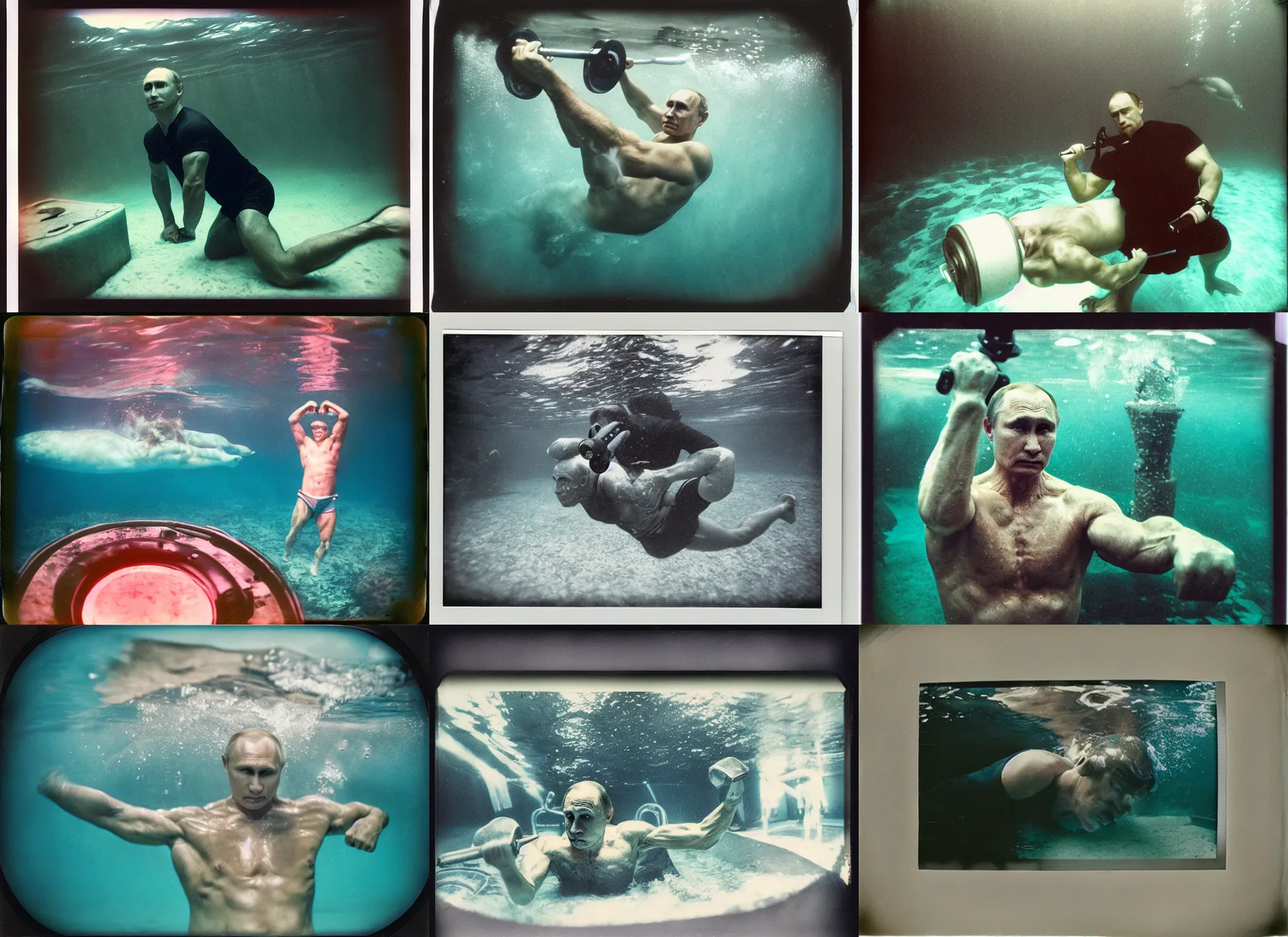 Prompt: medium shot, vladimir putin pumping iron l, underwater polaroid photo, vintage, neutral colors, underwater, by shawn heinrichs and gregory crewdson