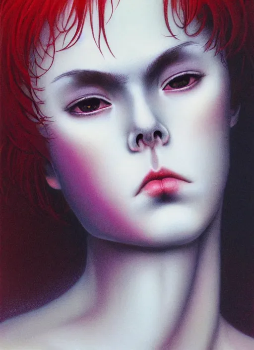 Prompt: beautiful matte airbrush portrait of an androgynous face with big sad eyes crying on a white background, 8 0's airbrush aesthetic, art by pater sato, ayami kojima and yoshitaka amano