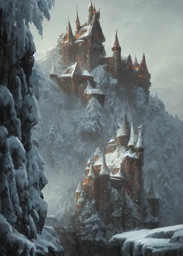 Image similar to a painting of a castle in the middle of a snowy mountain, a detailed matte painting by andreas rocha and greg rutkowski, featured on artstation, fantasy art, matte drawing, matte painting, artstation hq