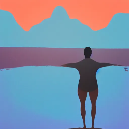 Prompt: a man standing watching the sunrise, arms and legs open, behance, dream, acrylics, soft colour, featured