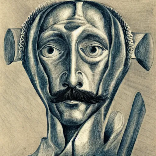 Image similar to Close-up of Don Quixote, pencil drawing. El Greco, Remedios Varo, Salvador Dali, Carl Gustav Carus, John Atkinson Grimshaw. Blue tint. Symetrical, logo, geometric shapes.