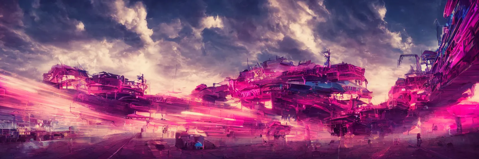 Image similar to spase dogs running with neon mohawks, space, dark, stars, pink, oil painting, pirate neon ship with punks on board, neon, rich deep colors masterpiece, ultra detailed, contrast, lots of roman arches, clouds, sky, volumetric light, atmospheric lighting, dramatic, cinematic, moody, octane render 4 k, 8 k