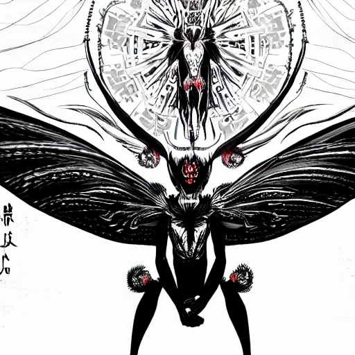 Image similar to 4K headshot of godlike mothman with defined arms and open hands and bloody clothes with giant mandala wings , intricate face , flawless anime cel animation by Kentaro Miura, psychedelic , highly detailed upper body , professionally post-processed , beautiful, scary, symmetry accurate features, epic, octane rendered, anime masterpiece, accurate