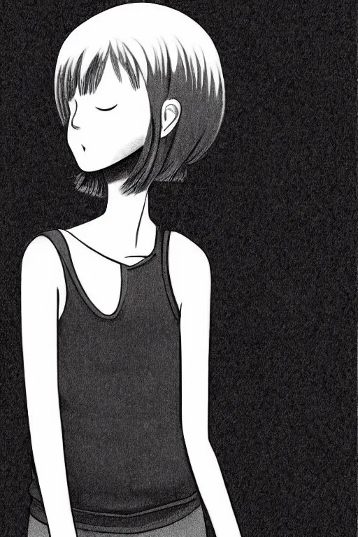 Image similar to portrait of a girl in long pants and a top, hands in pockets, eyes closed, bob haircut, digital art, black and white, minimalistic illustration by junji ito and kaoru mori