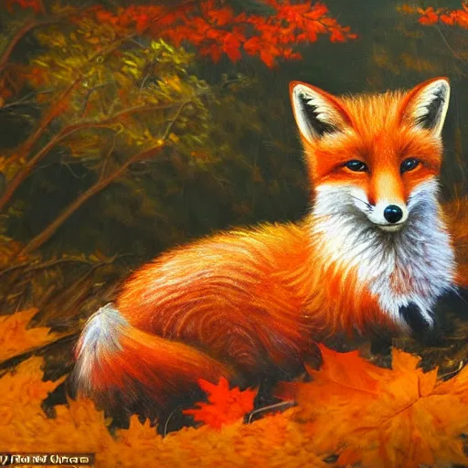 Prompt: a stunning close-up oil painting of a cute fox curled up on the forest floor lying on autumn leaves in a fall forest