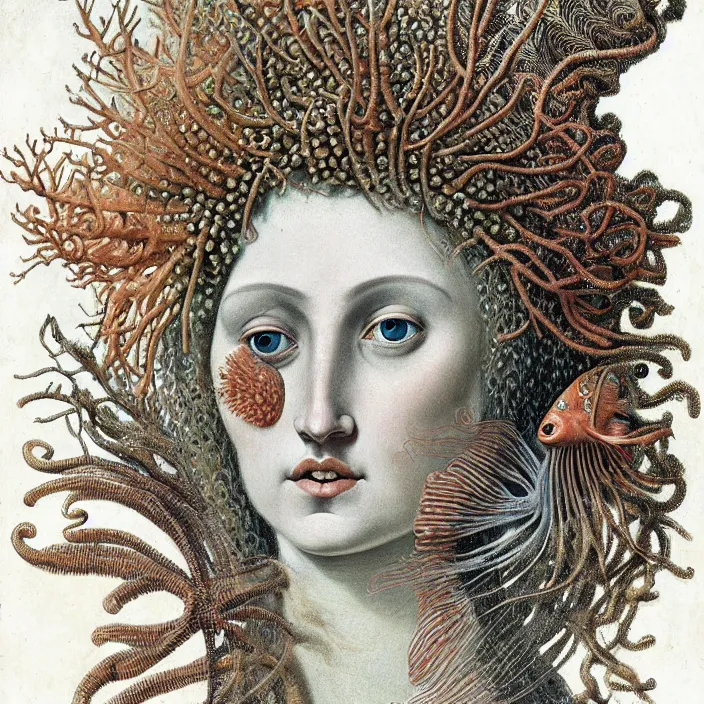 Prompt: realistic detailed face portrait of the goddess of the fish of the three times with an intricate headdress of corals, sea kelp, sea plants, fish, jellyfish, art by archimboldo and ernst haeckel, face in focus, neo - gothic, gothic,