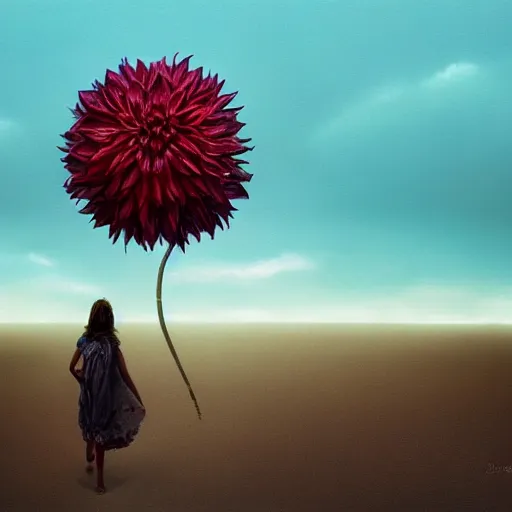 Prompt: closeup giant dahlia flower replacing head, a girl walking between dunes, surreal photography, sunrise, blue sky, dramatic light, impressionist painting, digital painting, artstation, simon stalenhag