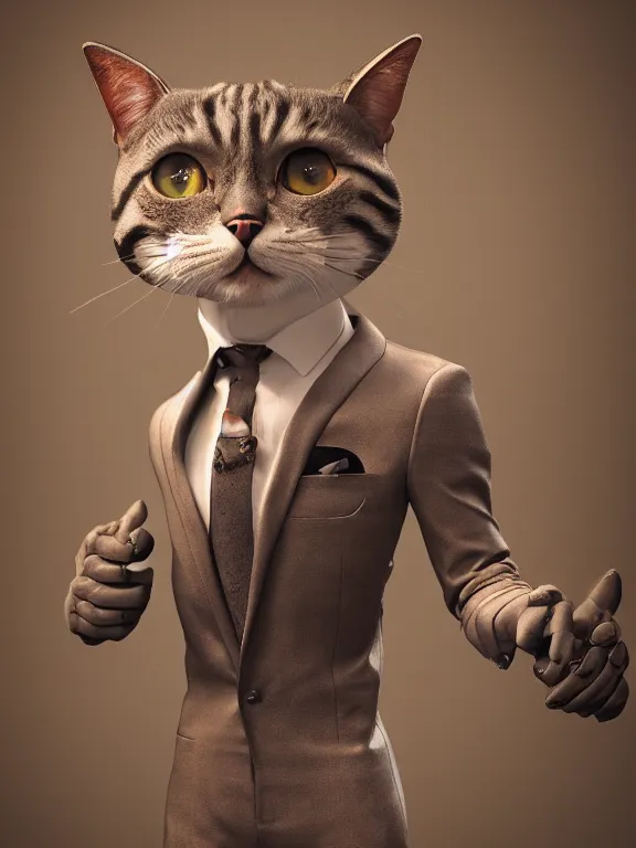 Image similar to a humanoid cat wearing suit, digital art, digital painting, masterpiece, anatomically correct, five fingers, cinematic, high coherence, realistic, high quality, highly detailed, 8 k, dramatic lighting, path traced, centered, high definition
