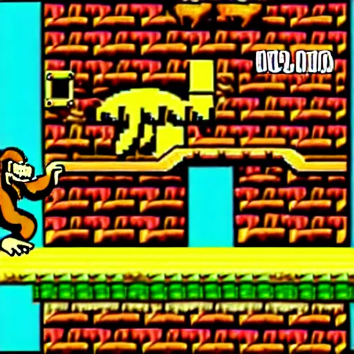 Prompt: Donkey Kong slips on a banana, 16 bit graphics