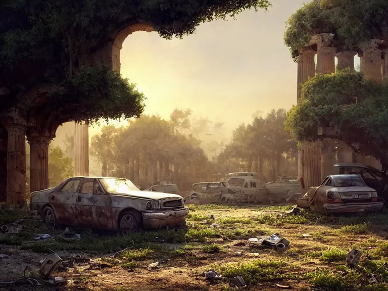 Image similar to a tree growing on a scrap car in ancient greek ruins, gray wasteland, many scrap cars, overgrown, pillars and arches, vines, hyperrealistic, highly detailed, cinematic, ray of golden sunlight, beautiful, cgsociety, artstation, 8 k, oil painting by greg rutkowski, by artgerm, by wlop