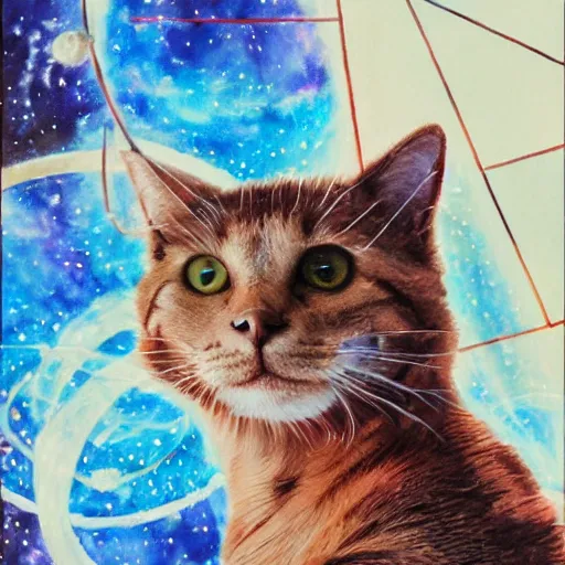 Prompt: cat doing mathematics in space. cat doing mathematics in space. watercolor. amazing painting. high resolution. highly realistic. cool tones. close - up. 8 k. trending on artstation.