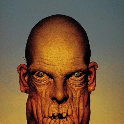 Image similar to lime lively by zdzislaw beksinski. a beautiful performance art of a giant head. the head is bald & has a big nose. the eyes are wide open & have a crazy look. the mouth is open & has sharp teeth. the neck is long & thin.