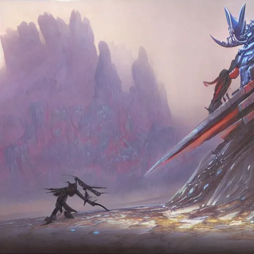 Prompt: concept art of millenniummon fighting omegamon, valley, heavy fog, wayne barlowe