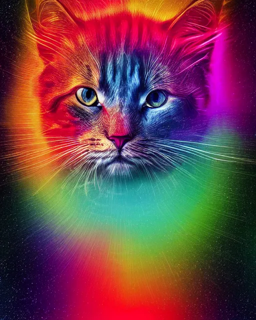 Image similar to highly detailed high resolution stacked plot of radio emissions from a pulsar, abstracted light refractions and stripy interference, making up a fluffy cat, silk screen t-shirt design in the style of FELIPE PANTONE 4K