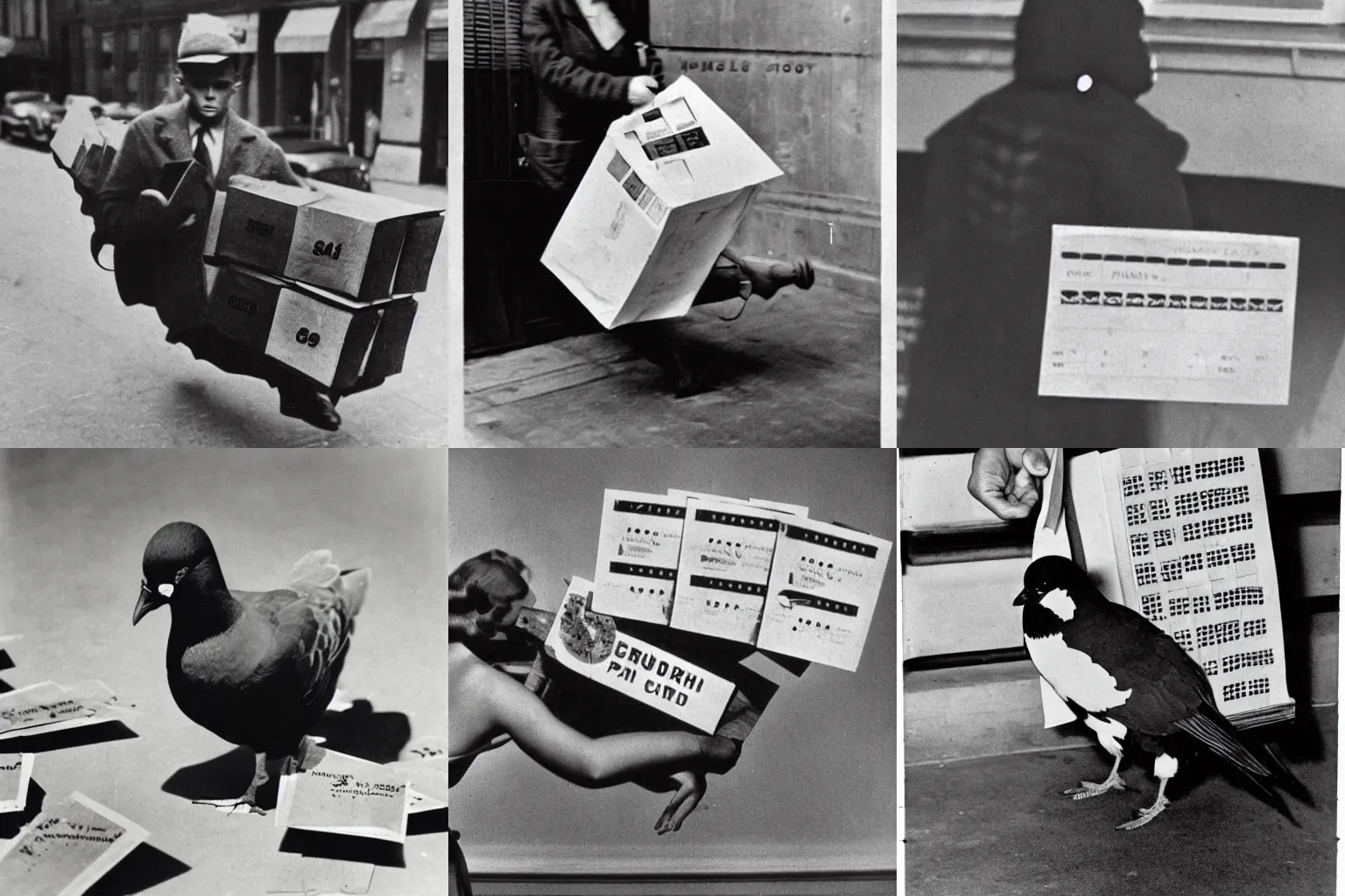 Prompt: a historic photograph of a carrier pidgeon carrying a bundle of punch cards, 1950s press photo