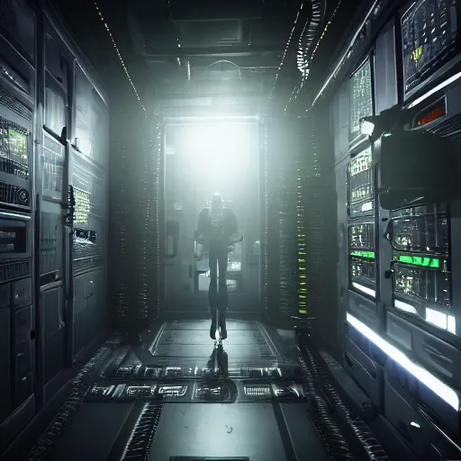 Image similar to high detailed industreal cyborg working in sci - fi server room. cinematic shot from alien isolation