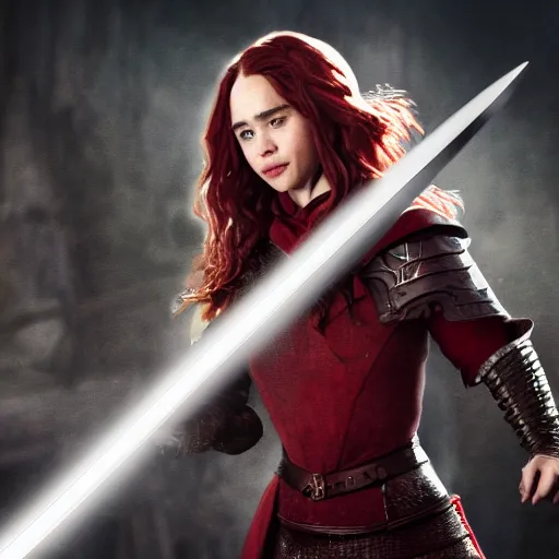 Image similar to emilia clarke, as a medieval fantasy character, with dark red hair, wearing light armor and red clothing, holding a longsword, determined expression, noble, cinematic, dark, realistic, digital art, 8 k