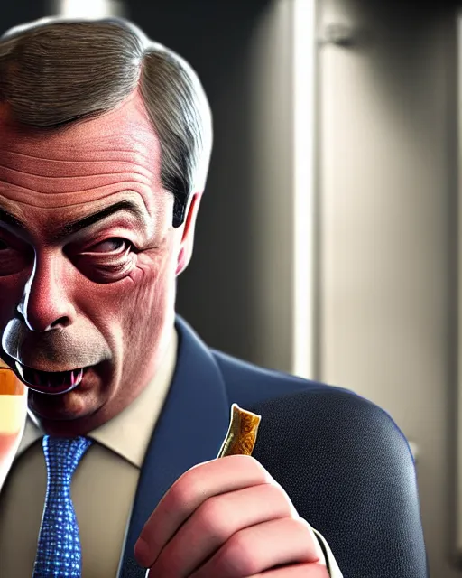 Prompt: Bitter Nigel Farage with a pint on his hand. Unreal engine, fantasy art by Betty Jiang. Faithfully depicted facial expression, perfect anatomy global illumination, radiant light, detailed and intricate environment