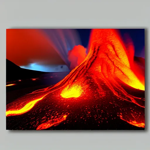 Image similar to 3 d virtual landscape painting, amazing volcanic eruption, three - point lighting, maximum detail and realistically, 4 k