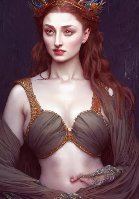 Image similar to portrait of sansa dark monster queen, intricate, elegant, highly detailed, digital painting, artstation, concept art, smooth, sharp focus, illustration, art by artgerm and greg rutkowski and alphonse mucha and william - adolphe bouguereau