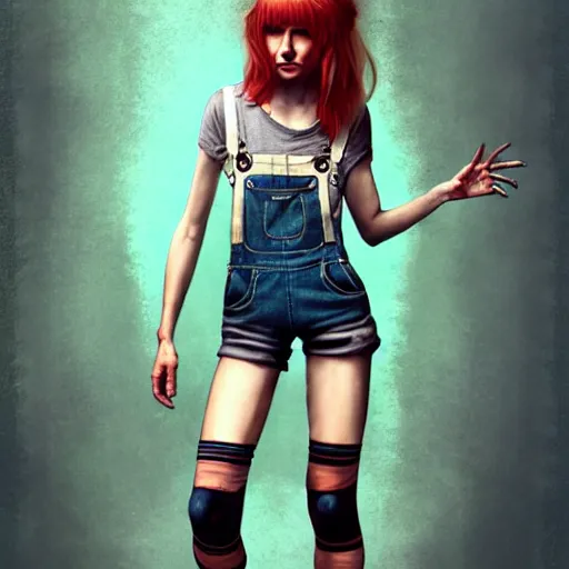 Image similar to full body pose, grungy alice, torn overalls, short shorts, combat boots, fishnets, beautiful, highly detailed face, true anatomy!, extremely detailed!, digital painting, unreal engine 5, art by tom bagshaw