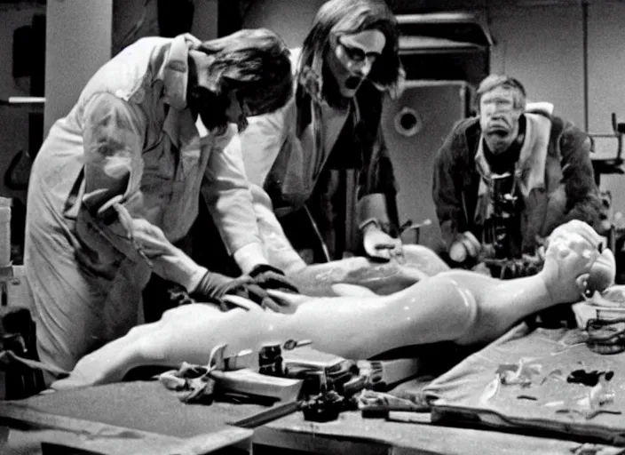 Prompt: 3 5 mm photography of a human monster dissection in the operations room horror film practical fx by david cronenberg ridley scott 1 9 7 0