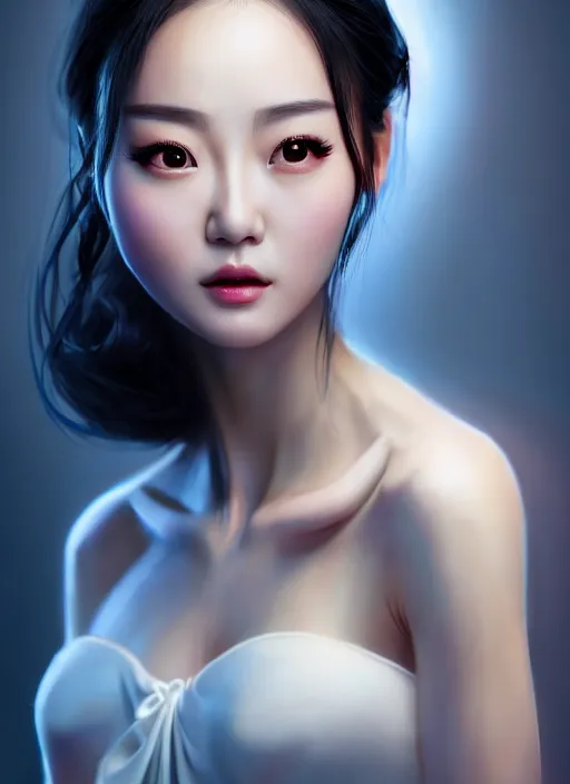 Image similar to beautiful fashion chinese movie star, strapless dress, character portrait in the style of thomas river and artgerm, wlop, cinematic lighting, hyperdetailed, 8 k realistic, symmetrical, global illumination, radiant light, halo, love and mercy, frostbite 3 engine, cryengine, dof, trending on artstation, digital art, chanel
