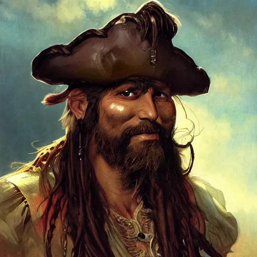 Image similar to painterly bearded pirate, painted fantasy character portrait, headshot, fantasy, highly detailed, digital painting, artstation, concept art, sharp focus, illustration, art by the golden age of American illustration archive, simon bisley and frank frazetta, artgerm and greg rutkowski and alphonse mucha