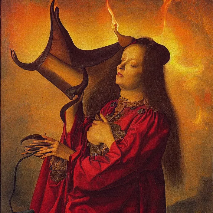 Prompt: a closeup portrait of a horned woman, opening her chest, casting green into a flame, in a heart nebula, heart nebula, golden hour, by jan van eyck