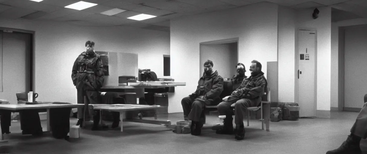 Image similar to filmic wide shot movie still 4 k uhd interior 3 5 mm film color photograph of two armed guards sitting down and talking in a break room in a military base, in the style of the horror film the thing 1 9 8 2